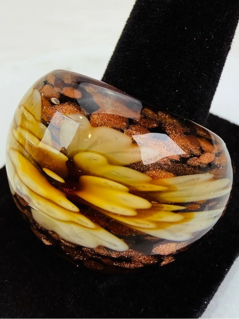 Vintage Art Glass Statement Ring Amber Cream Copper Swirl Wide Band Size 11.5
